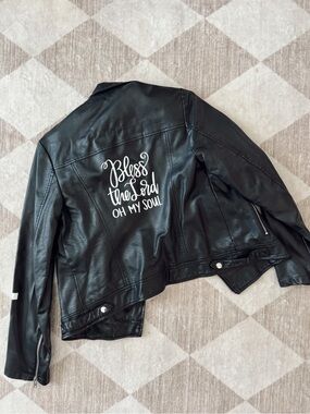 Black Vegan Leather Jacket with White Script Back - Women